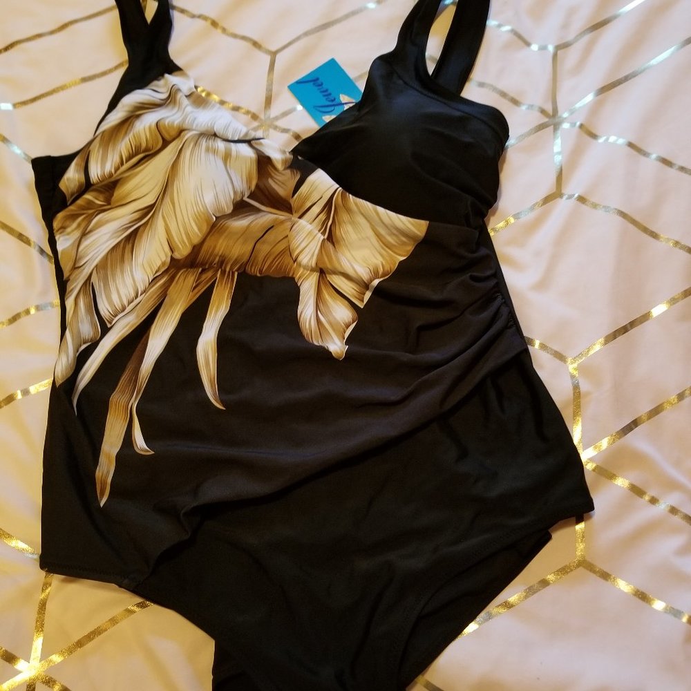 Black and beige wrap front one piece bathing suit
